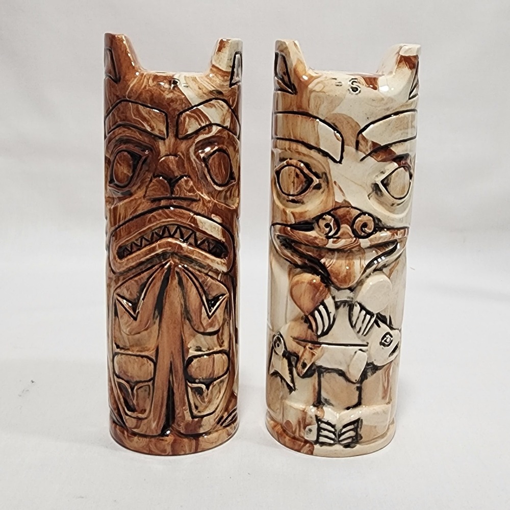 Vintage Tlingit Totem Salt Pepper Shakers Shark Beaver Marbled Ceramic Brown Set